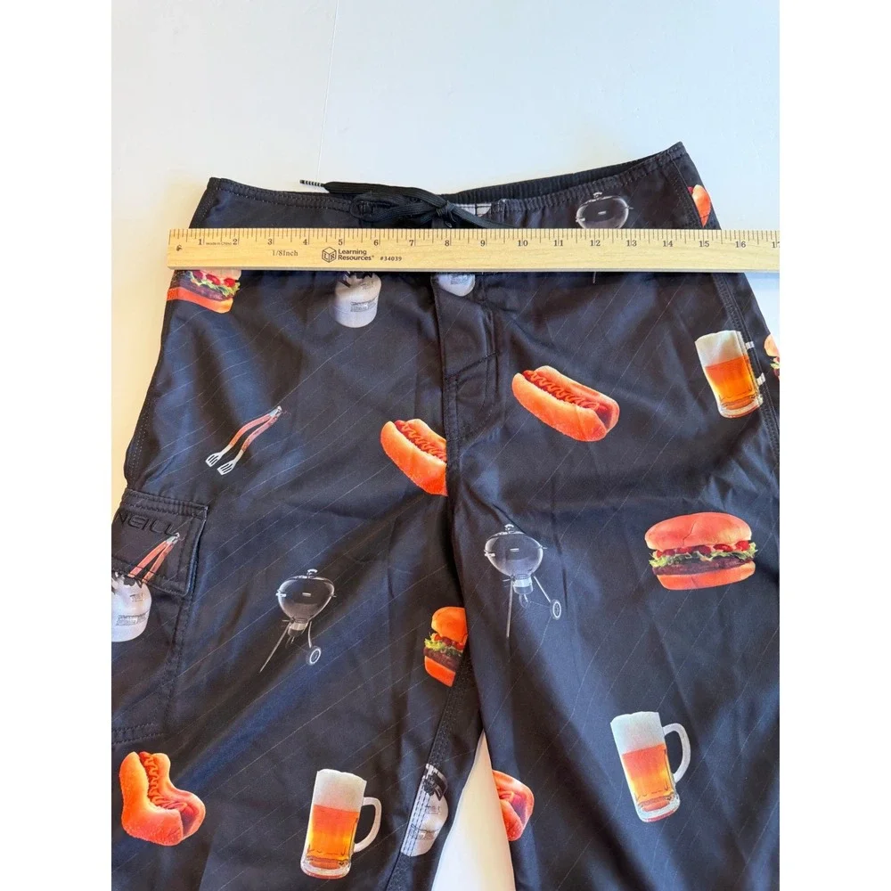 ONeill Mens BBQ Print‎ Board Shorts Black Hamburger Hot Dog Beer Trunks Size S